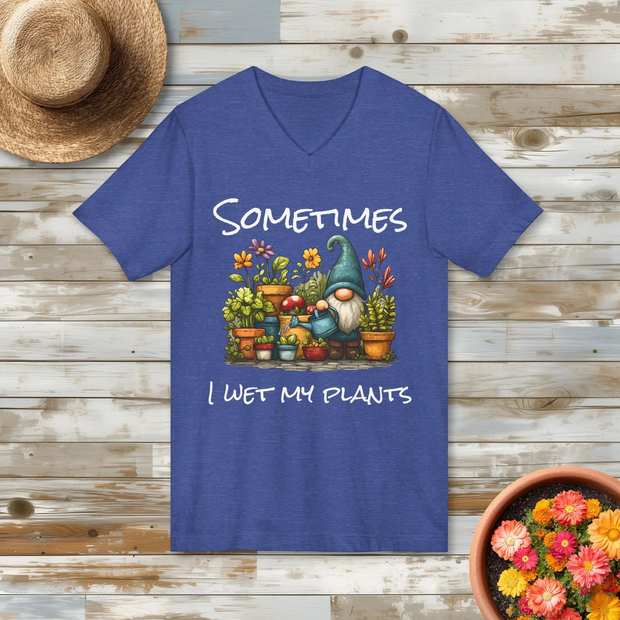 Sometimes I Wet My Plants Gnome V-Neck T-Shirt - Bee in Bloom