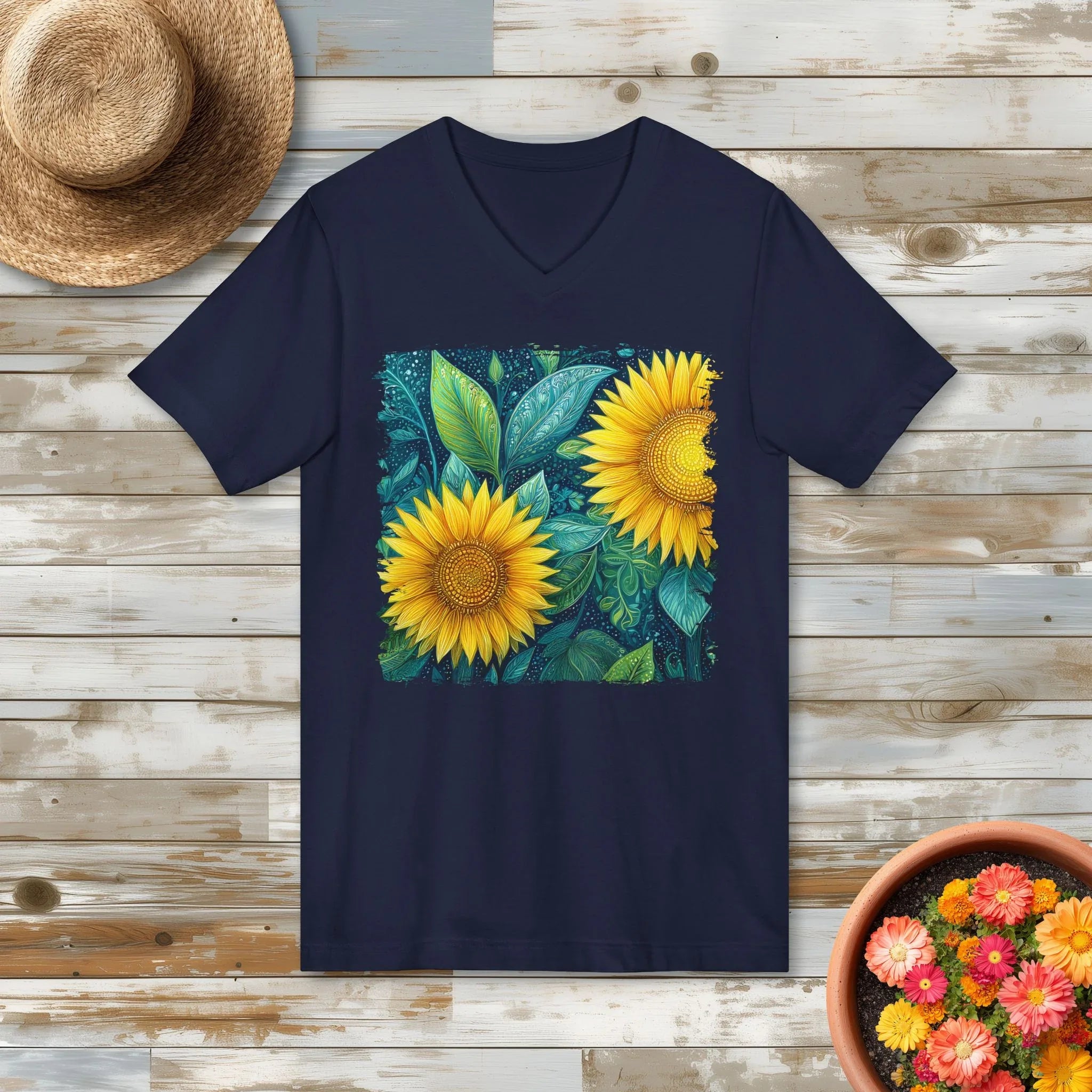 Whimsical Sunflowers V-Neck T-Shirt