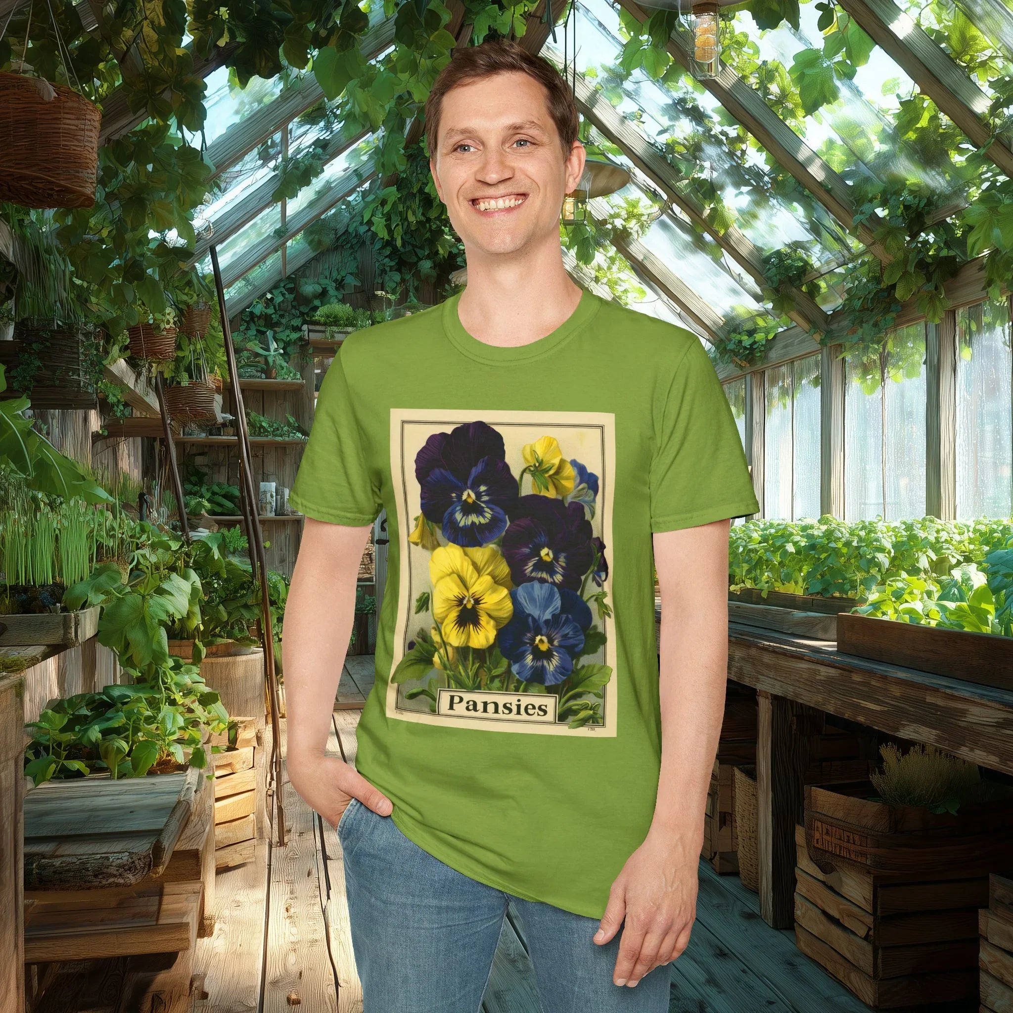 Vintage Pansies Seed Packet T-Shirt for Gardeners