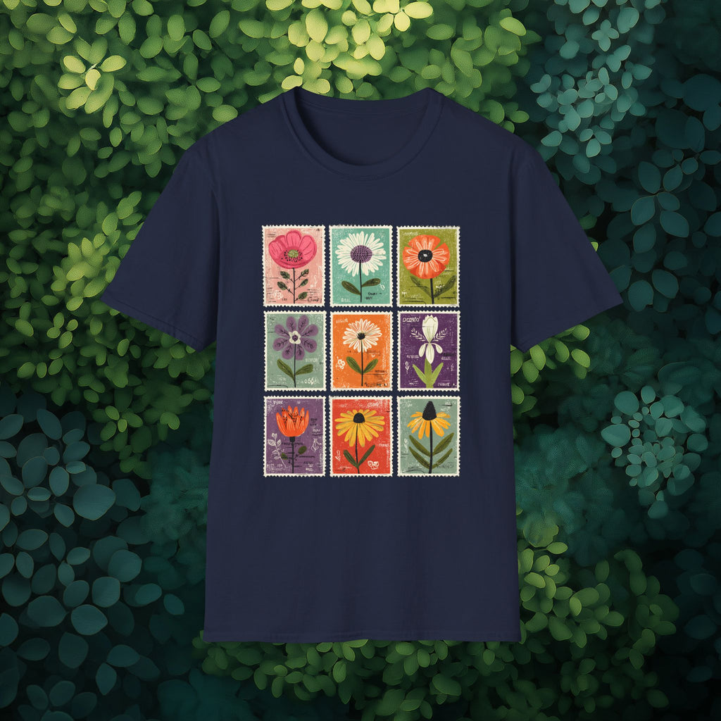 Whimsical Flower Stamp Collage T-Shirt for Gardeners