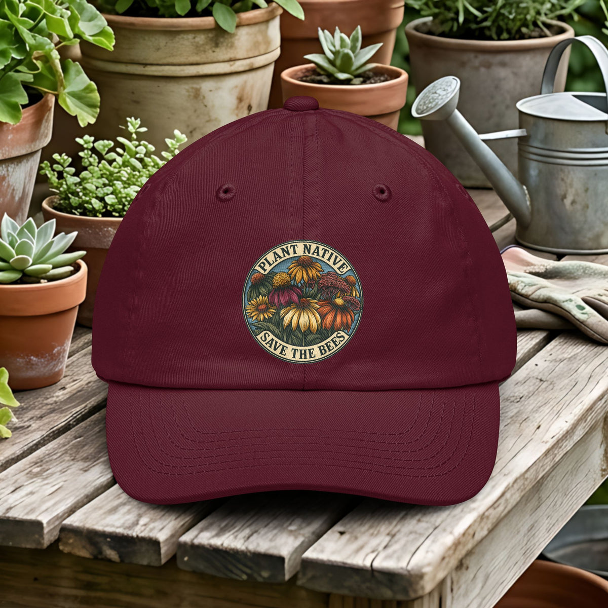 A burgundy baseball cap with a circular 'Plant Native Save the Bees' graphic on the front, displayed on a wooden garden table surrounded by potted plants and gardening tools.