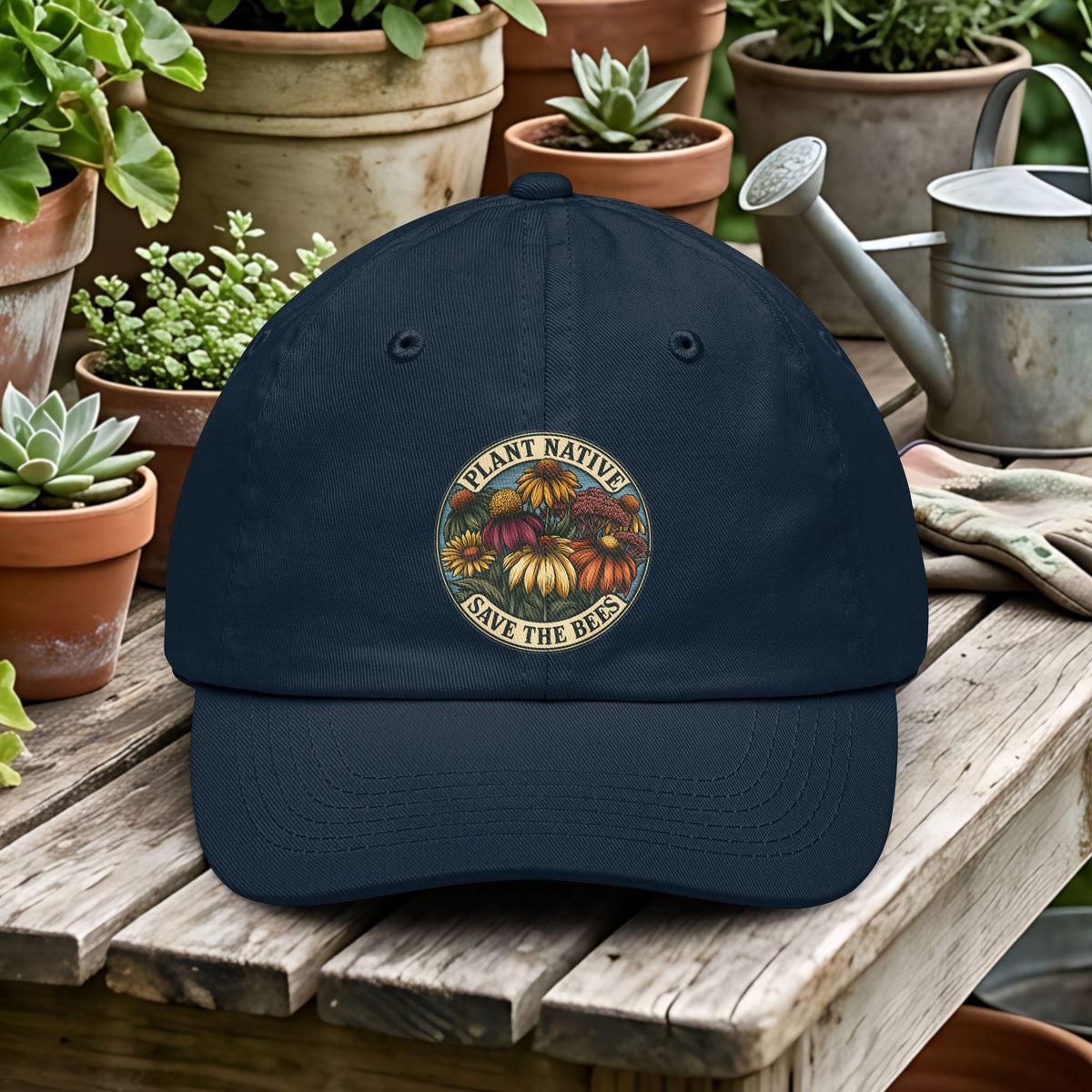 A navy blue baseball cap with a circular 'Plant Native Save the Bees' graphic on the front, displayed on a rustic wooden table surrounded by potted plants and gardening tools.